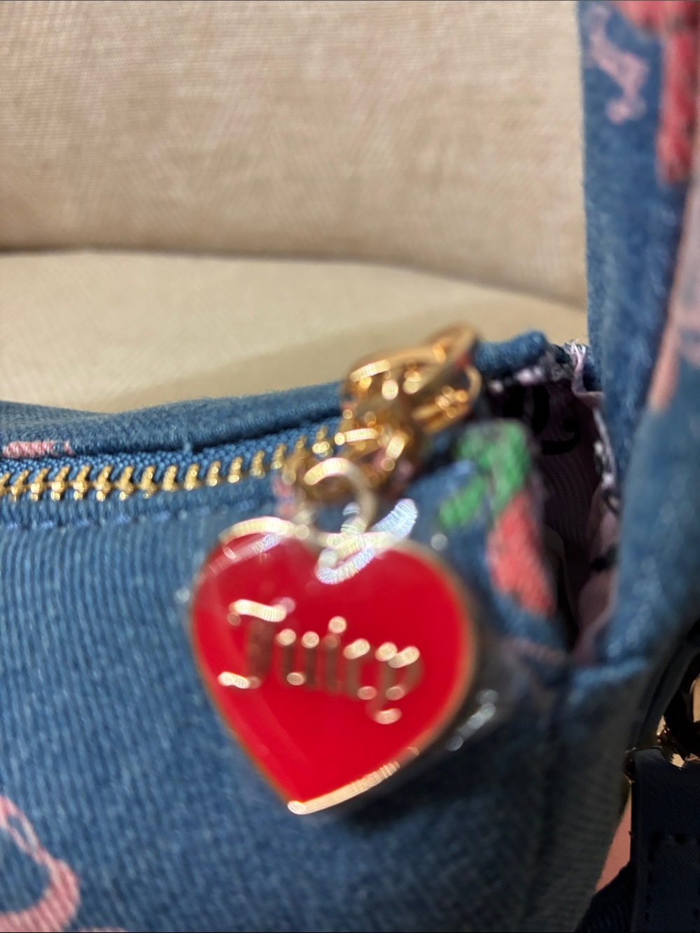 Juicy Couture Blue Denim Floral Bow Shoulder Bag with Strawberry Charm - Picture 12 of 12